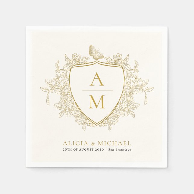 Monogram classic elegant gold floral crest wedding napkins (Front)