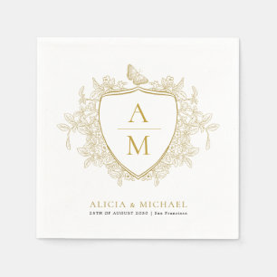 Monogram classic elegant gold floral crest wedding napkins