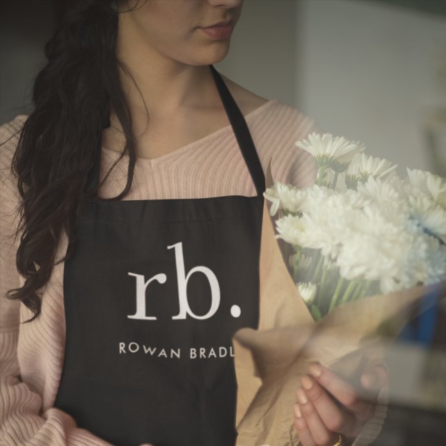 Monogram Classic Elegant Minimal Black and White Apron (Sleek black modern monogram custom unisex apron for business or personal use.)