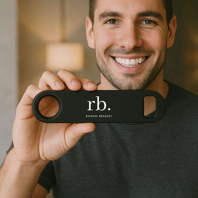 Monogram Classic Elegant Minimal Black and White Bar Key (Sleek black modern monogram custom bar keys for business or personal use.)