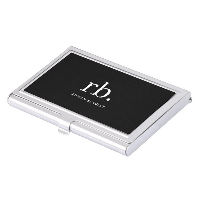 Monogram Classic Elegant Minimal Black and White Business Card Case (Front)