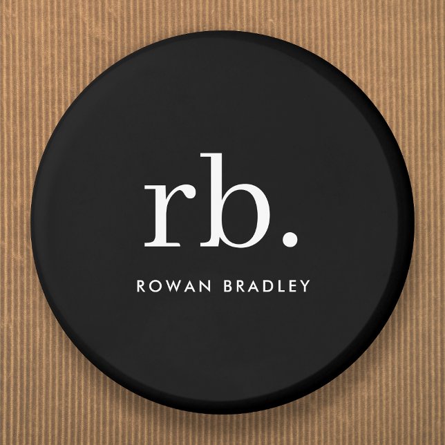 Monogram Classic Elegant Minimal Black and White Button (Sleek black modern monogram custom name tag button pins.)