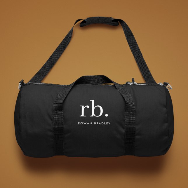 Monogram Classic Elegant Minimal Black and White Duffle Bag (Sleek black modern monogram custom duffle bags.)