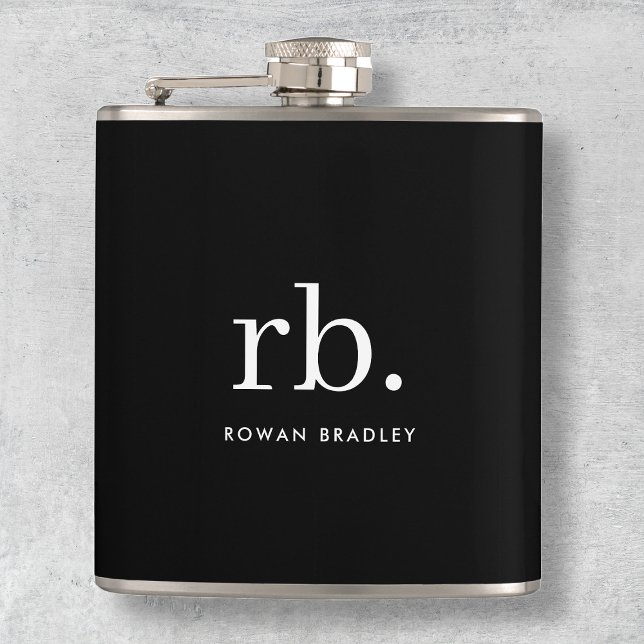 Monogram Classic Elegant Minimal Black and White Flask (Sleek black modern monogram custom flasks.)