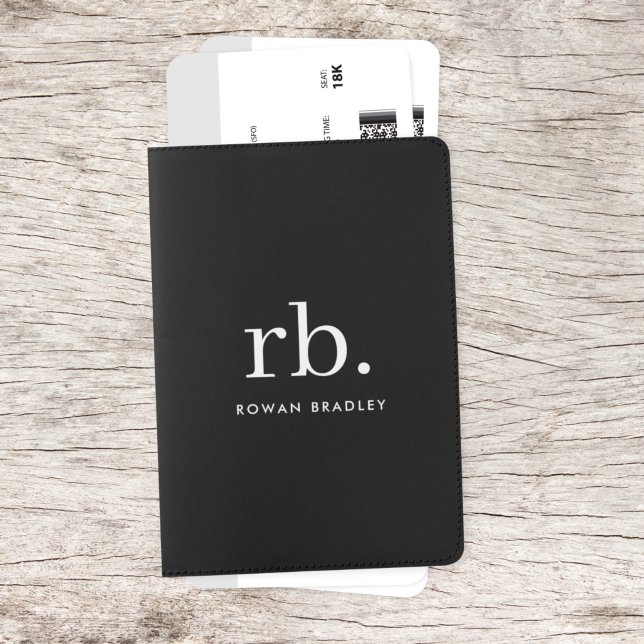 Monogram Classic Elegant Minimal Black and White Passport Holder (Sleek black modern monogram custom passport holder.)