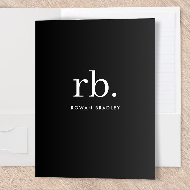 Monogram Classic Elegant Minimal Black and White Pocket Folder (Sleek black modern monogram custom pocket folders for business or personal use.)