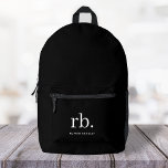 Monogram Classic Elegant Minimal Black and White Printed Backpack<br><div class="desc">A minimalist monogram design with large typography initials in a classic font with your name below on a simple black background. The perfectly custom gift or accessory!</div>
