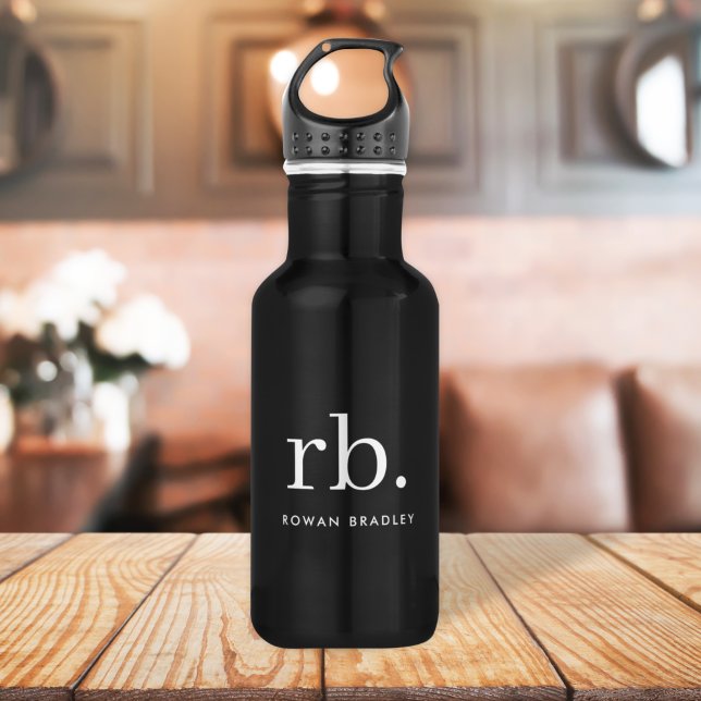 Monogram Classic Elegant Minimal Black and White Stainless Steel Water Bottle (Sleek black modern monogram custom  stainless steel water bottles.)