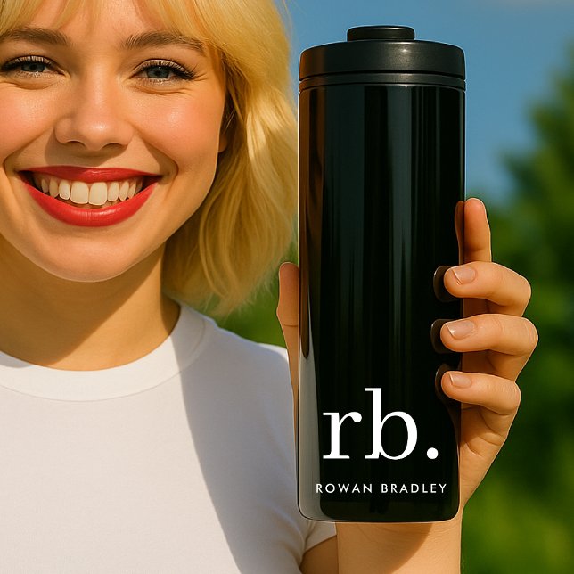 Monogram Classic Elegant Minimal Black and White Thermal Tumbler (Sleek black modern monogram custom thermal tumbler.)