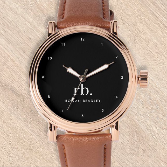 Monogram Classic Elegant Minimal Black and White Watch (Sleek black modern monogram custom watch.)
