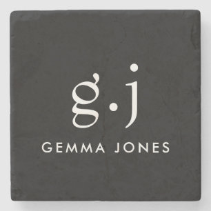 Monogram Classic Elegant Minimal Black White Stone Coaster