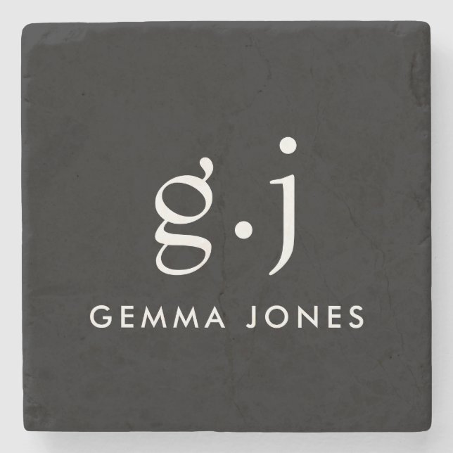 Monogram Classic Elegant Minimal Black White Stone Coaster (Front)