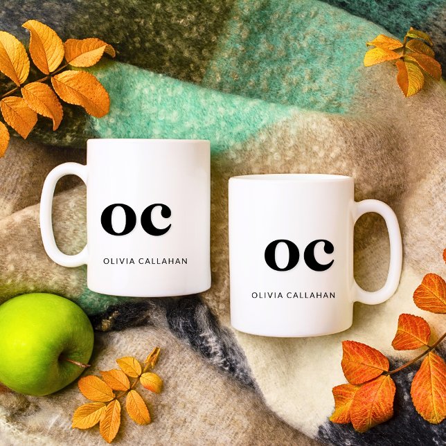 Monogram Classic Elegant Minimal Chic Black White Coffee Mug (1 mug - left & right sides)