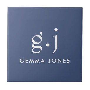 Monogram Classic Elegant Minimal Dusty Blue White Ceramic Tile