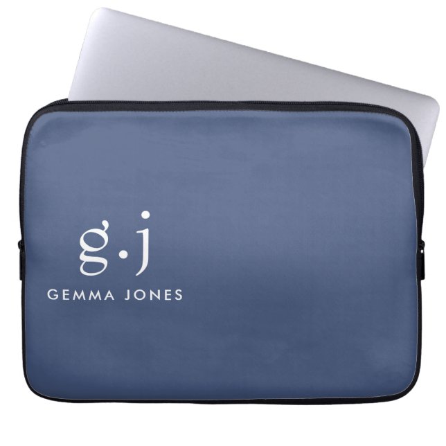 Monogram Classic Elegant Minimal Dusty Blue White Laptop Sleeve (Front)