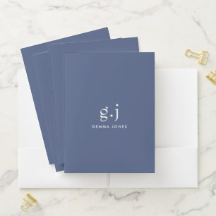 Monogram Classic Elegant Minimal Dusty Blue White Pocket Folder