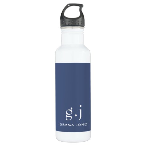 Monogram Classic Elegant Minimal Dusty Blue White Stainless Steel Water Bottle
