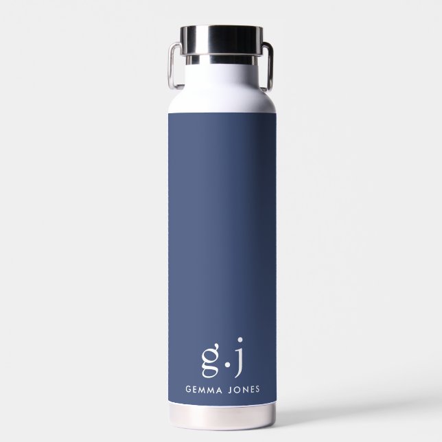 Monogram Classic Elegant Minimal Dusty Blue White Water Bottle (Front)