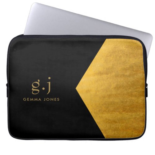 Monogram Classic Elegant Minimal Gold Black Laptop Sleeve
