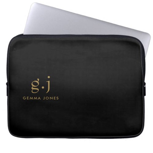 Monogram Classic Elegant Minimal Gold Black Laptop Sleeve