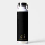 Monogram Classic Elegant Minimal Gold Black Water Bottle<br><div class="desc">A black water bottle featuring a simple clean modern minimalist gold monogram with simple lower case serif typography initials. A punctuation mark (period) divides the first and last initial as a simple design element that defines this typography style as modern and clean. Your name in uppercase serif type. Simple, clean...</div>