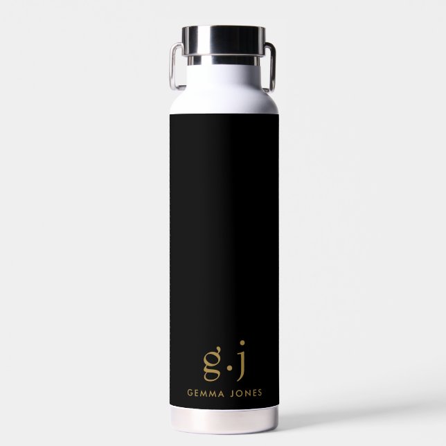 Monogram Classic Elegant Minimal Gold Black Water Bottle (Front)