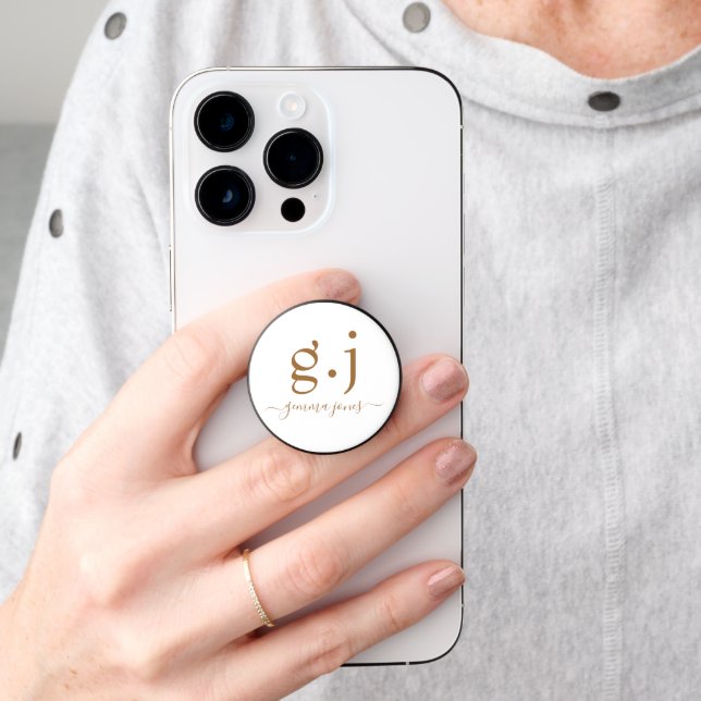 Monogram Classic Elegant Minimal Gold White PopSocket (Hand)