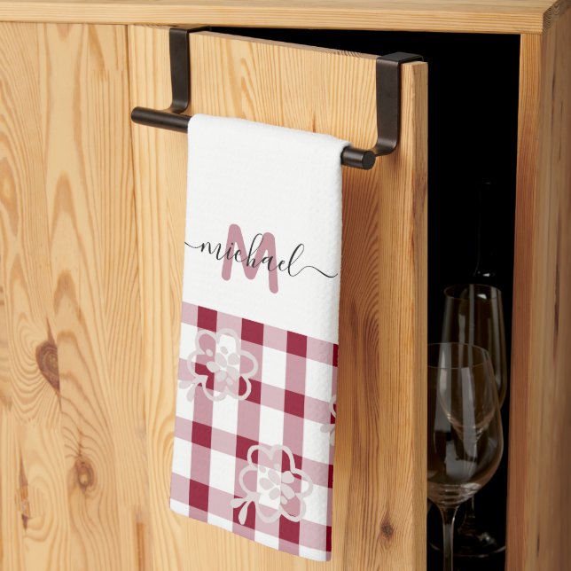 Monogram Classic Elegant Minimal Red and White  Kitchen Towel (Thirds Fold)
