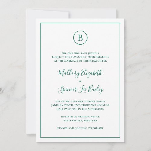 Monogram Classic Emerald Green All In One Wedding Invitation