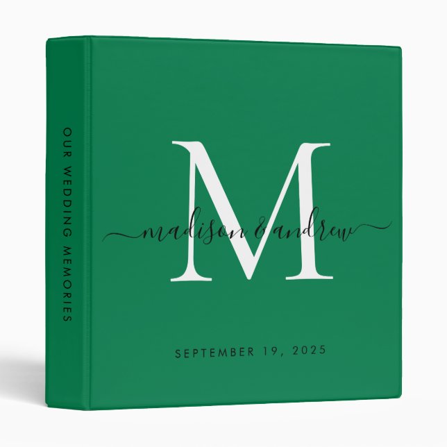 Monogram Classic Forest Green Script Wedding Album 3 Ring Binder (Front/Spine)