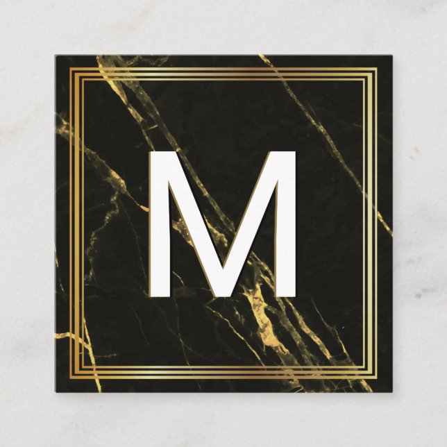 Monogram | Classic Frame | Black Gold Marble Square Business Card (Front)