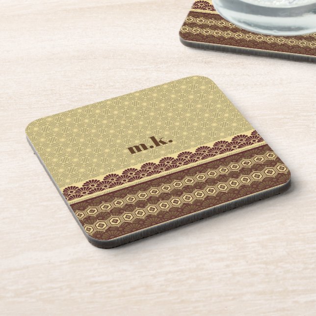 Monogram Classic Gold Flower Pattern Beverage Coaster (Left Side)