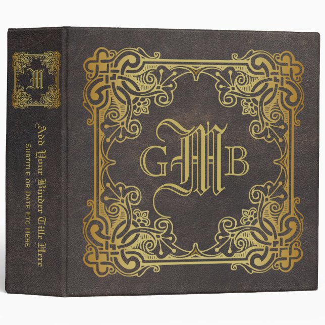 Monogram Classic Gold Frame Antique Leather Fancy 3 Ring Binder (Front/Spine)