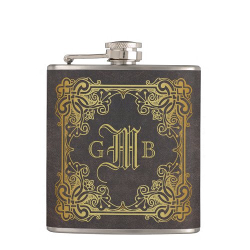Monogram Classic Gold Frame Antique Leather Fancy Flask