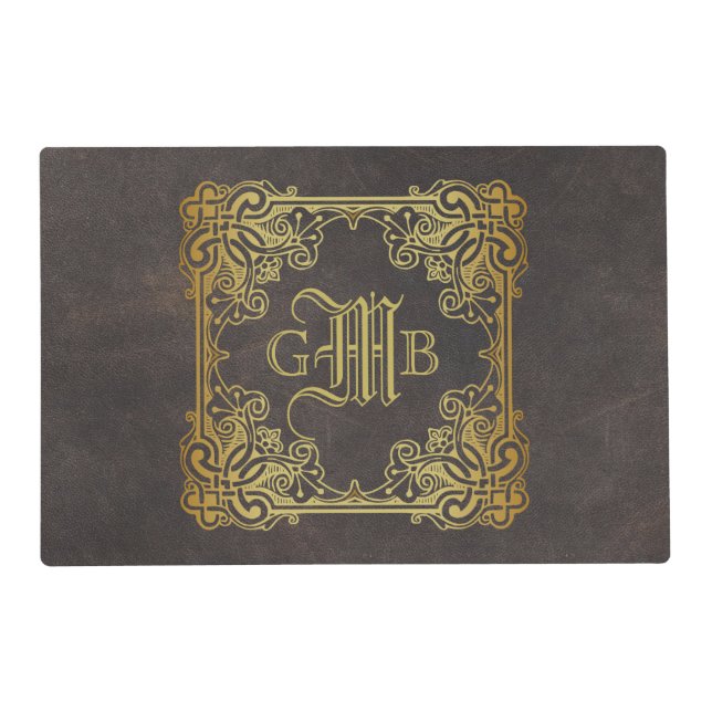 Monogram Classic Gold Frame Antique Leather Fancy Placemat (Front)