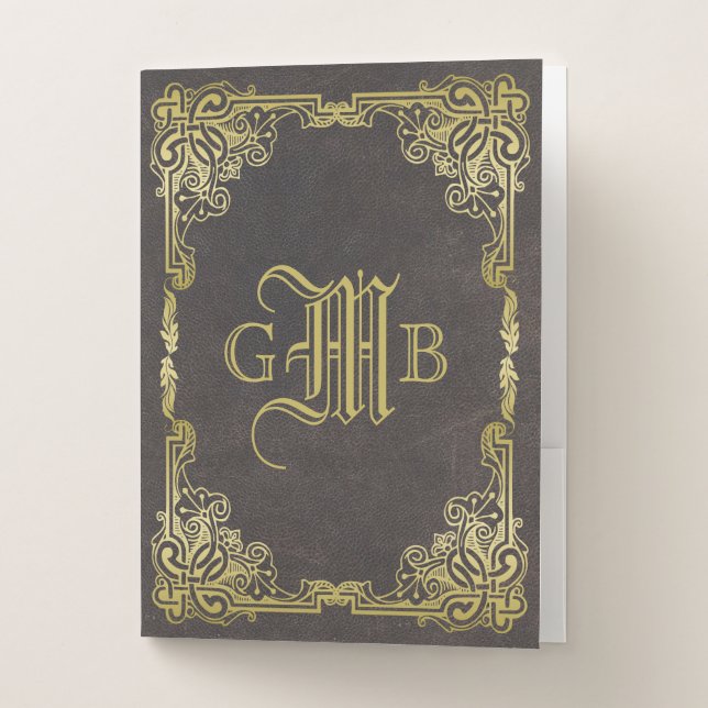 Monogram Classic Gold Frame Antique Leather Fancy Pocket Folder (Front)