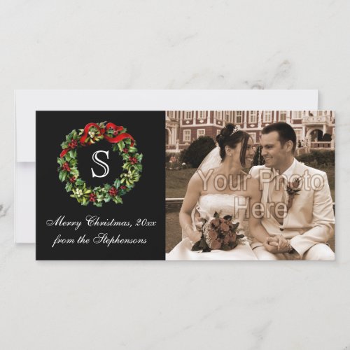 Monogram Classic Holly Wreath Christmas Holiday Card