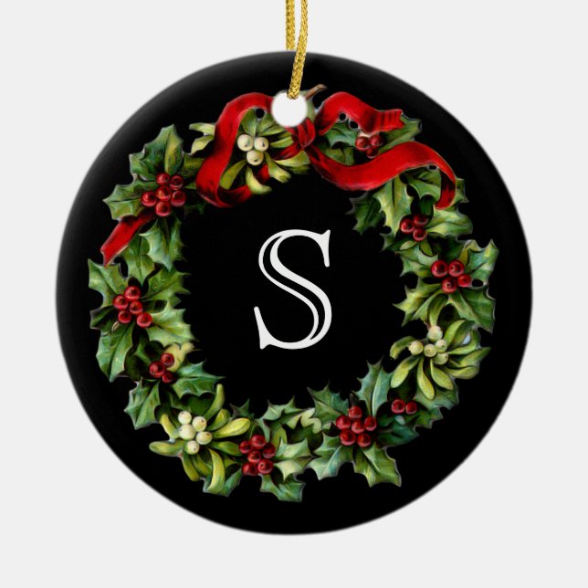 Monogram Classic Holly Wreath Custom Christmas Ceramic Ornament (Front)