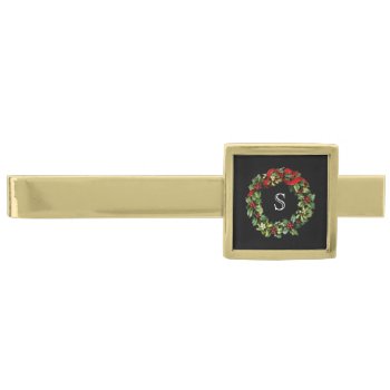 Monogram Classic Holly Wreath Custom Christmas Gold Finish Tie Bar by ChristmasCardShop at Zazzle
