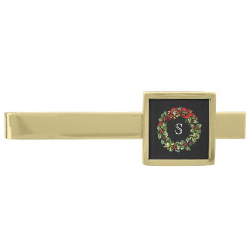 Monogram Classic Holly Wreath Custom Christmas Gold Finish Tie Bar