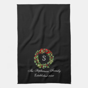 Monogram Classic Holly Wreath Custom Christmas Kitchen Towel