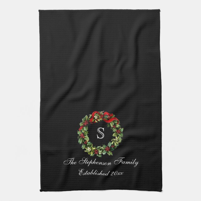 Monogram Classic Holly Wreath Custom Christmas Kitchen Towel (Vertical)