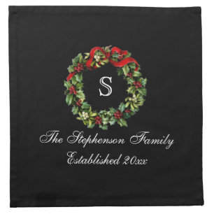 Monogram Classic Holly Wreath Custom Christmas Napkin