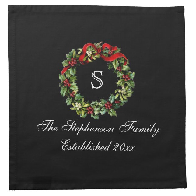 Monogram Classic Holly Wreath Custom Christmas Napkin (Front)