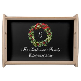 Monogram Classic Holly Wreath Custom Christmas Serving Tray
