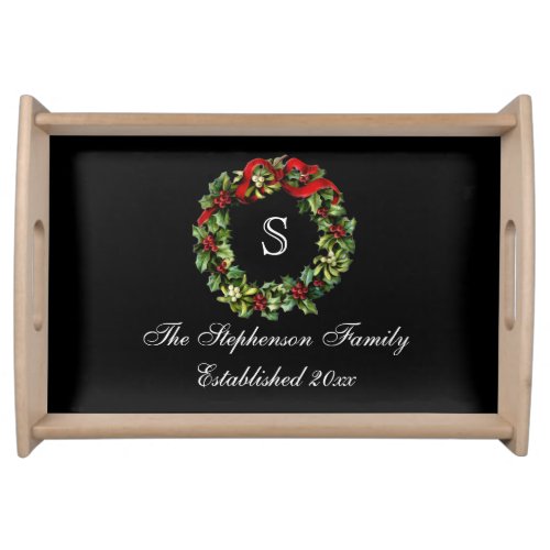 Monogram Classic Holly Wreath Custom Christmas Serving Tray