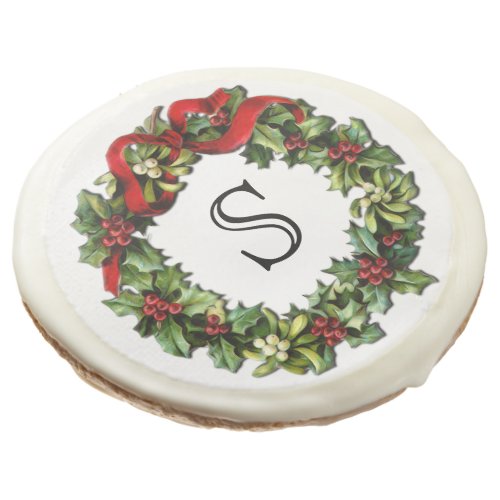 Monogram Classic Holly Wreath Custom Christmas Sugar Cookie