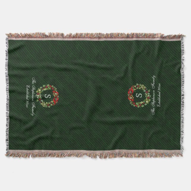 Monogram Classic Holly Wreath Custom Christmas Throw Blanket (Front)