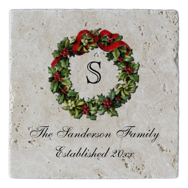 Monogram Classic Holly Wreath Custom Christmas Trivet (Front)