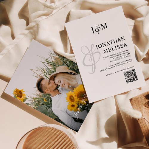 Monogram Classic Photo Script Wedding QR Code Invitation